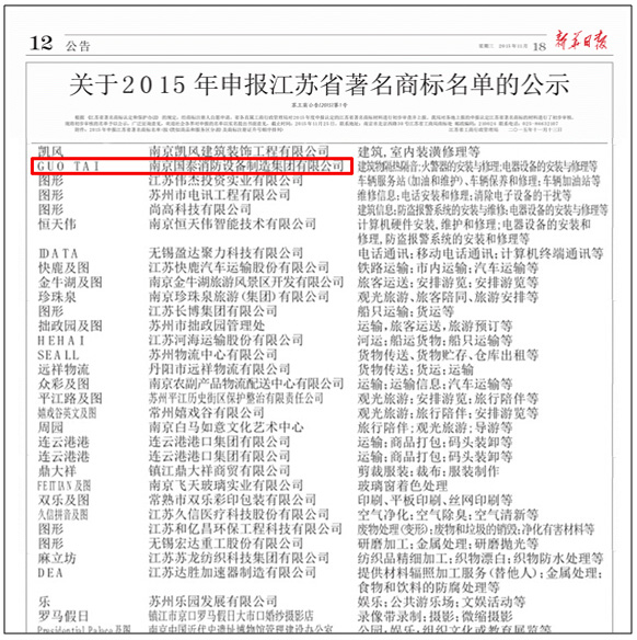 賀國泰集團入圍“江蘇省著名商標(biāo)”公示名單